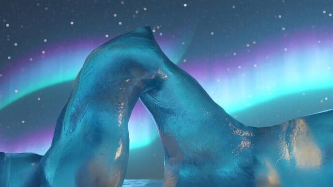 3D animation depicts towering, snow-capped mountains under a vibrant aurora borealis in a peaceful, ethereal scene.