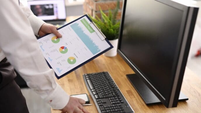 A man's hand holds charts displaying commercial indicators in a workplace setting, illustrating business development.