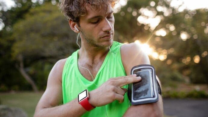 A man wearing athletic clothing jogs while listening to music on his mobile phone.