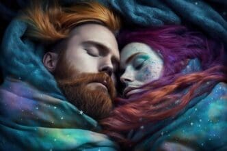 A man with a beard and a woman in punk attire stand together, surrounded by vibrant colors.