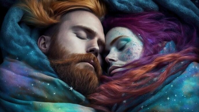 A man with a beard and a woman in punk attire stand together, surrounded by vibrant colors.