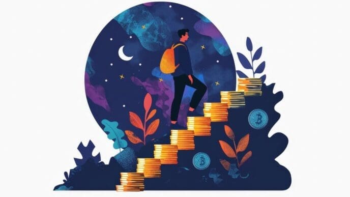 A man climbs steps made of stacked coins, carrying more coins, in a simple, flat design.