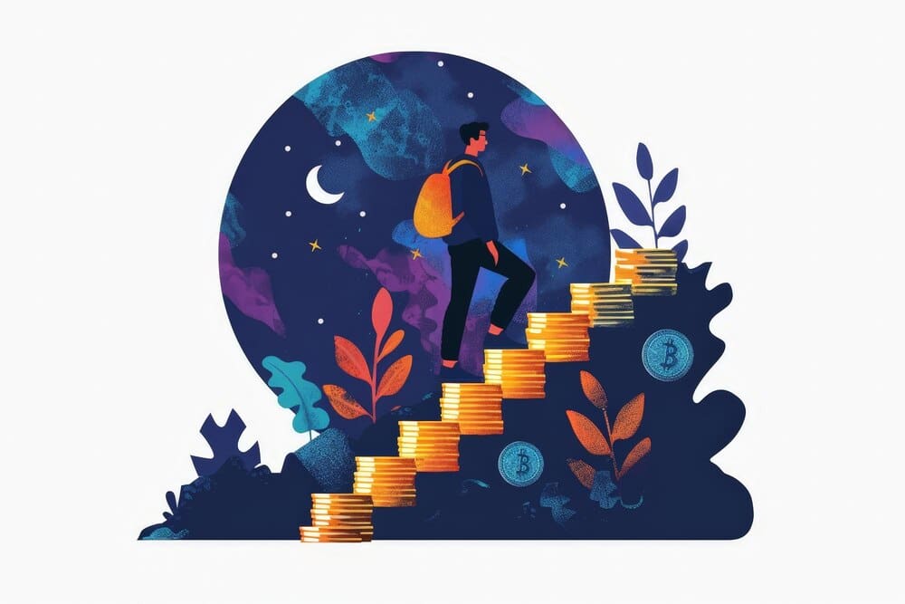 A man climbs steps made of stacked coins, carrying more coins, in a simple, flat design.