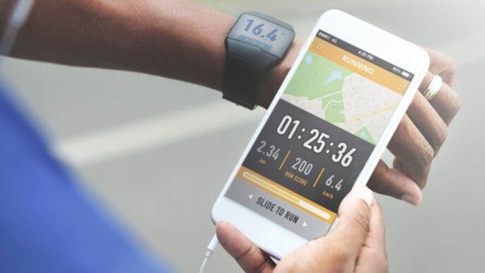 A man checks the distance on his smartphone, likely using a mapping or navigation app.