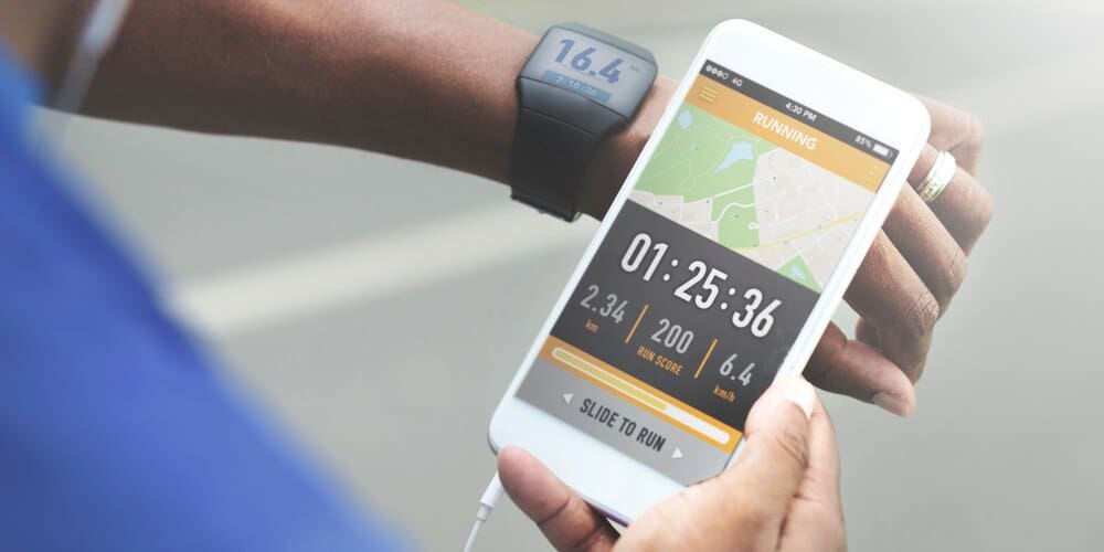 A man checks the distance on his smartphone, likely using a mapping or navigation app.