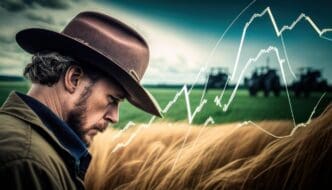 A man in a cowboy hat stands in a wheat field, with a graph displayed to his left.