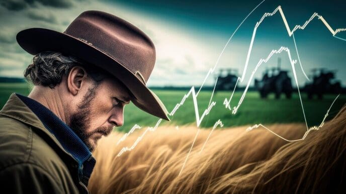 A man in a cowboy hat stands in a wheat field, with a graph displayed to his left.