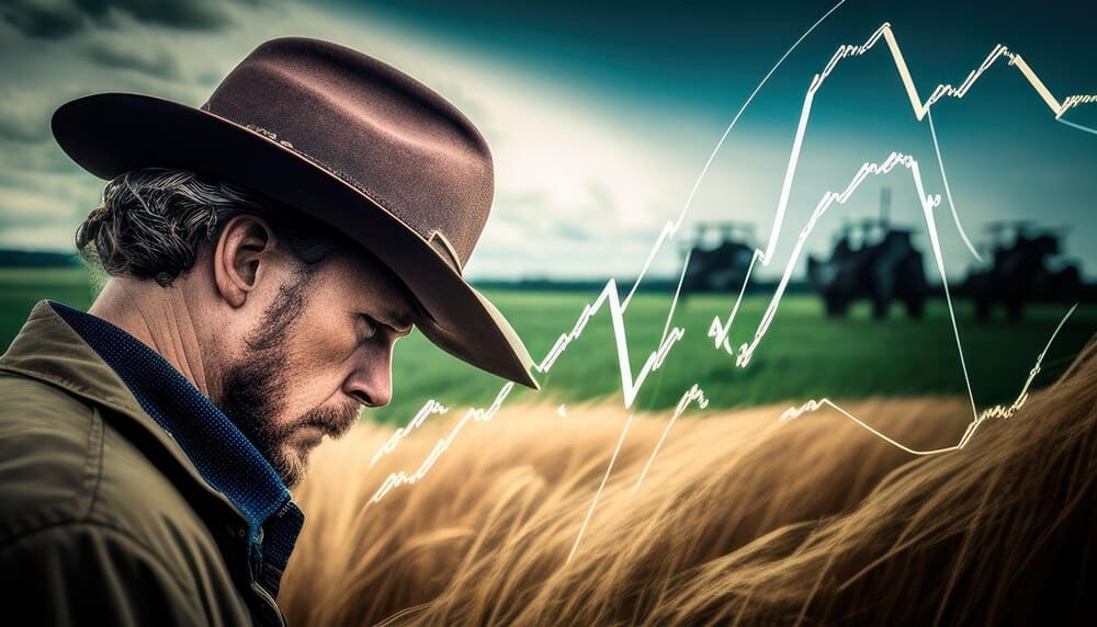 A man in a cowboy hat stands in a wheat field, with a graph displayed to his left.