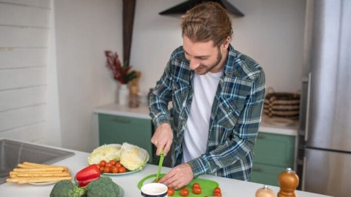 A man uses a knife to slice vegetables on a cutting board.