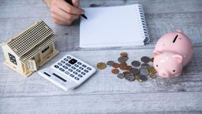 A man's hand holds a notepad with coins and a piggy bank in the background.