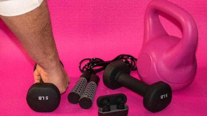 A man holds dumbbells in front of a pink background with the letters "btt."