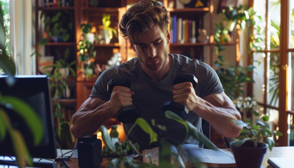 A man sits at a desk in a home office, surrounded by various potted plants.