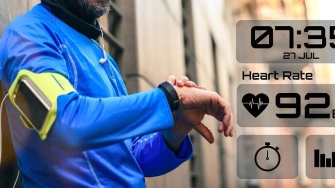 A man runs through a park, wearing a smartwatch, demonstrating a healthy lifestyle and fitness technology.