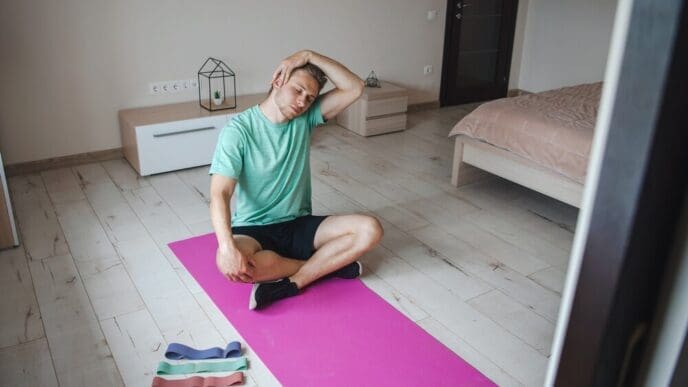 A man sits cross-legged on a fitness mat, stretching his neck in preparation for a workout.