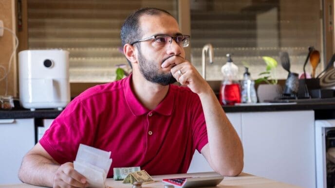 A man sits at a kitchen table, calculating expenses with a thoughtful expression.