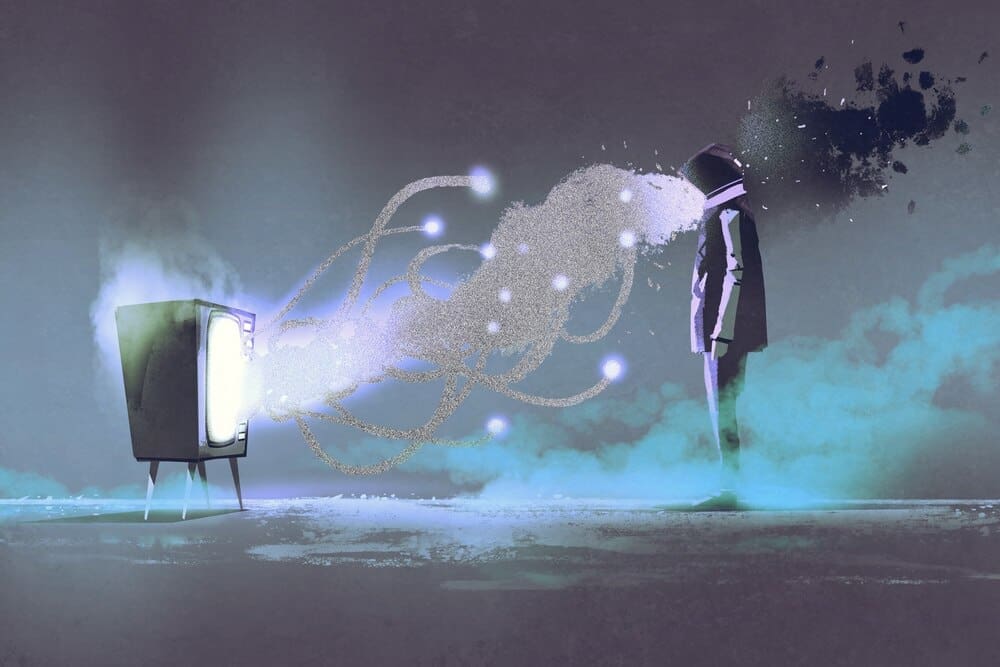 Illustration of a man standing before a television with an unusual shape, set against a dark backdrop.