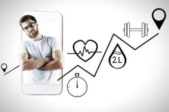 A man looks at a smartphone displaying a health app.