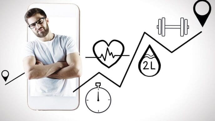A man looks at a smartphone displaying a health app.