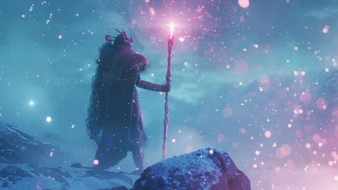 A man holding a torch stands in the snow, with a star shape visible on the ground.