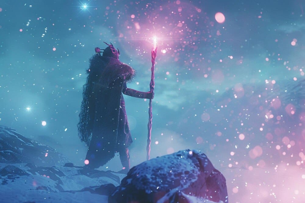 A man holding a torch stands in the snow, with a star shape visible on the ground.