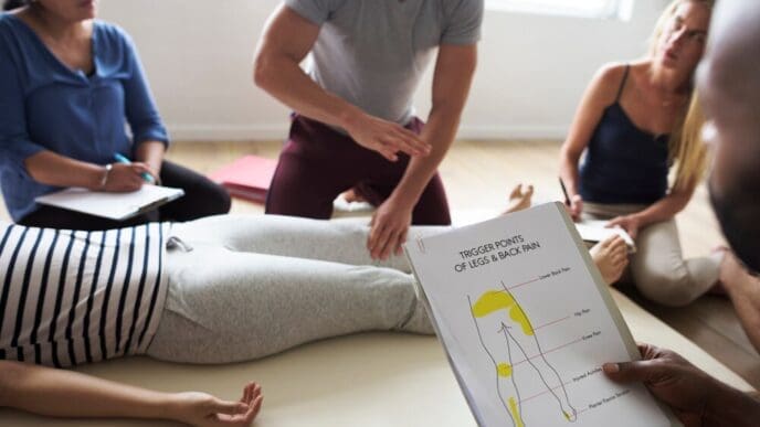A group of people are participating in a massage therapy training class, practicing techniques on each other.