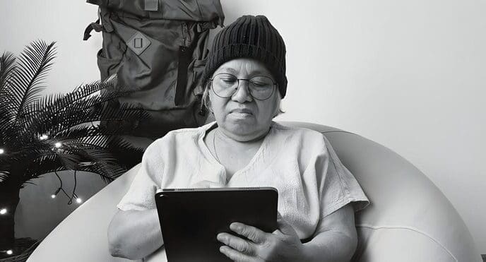 An elderly businesswoman uses a tablet.