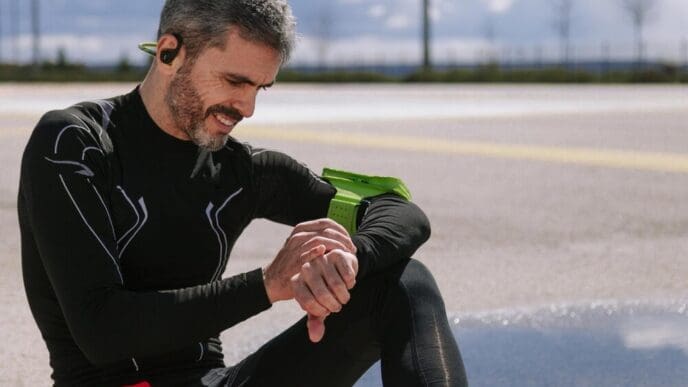 A mature man sits on a road, looking at his wristwatch.