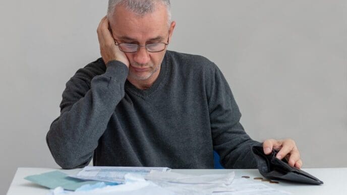 A mature man sits at home, looking stressed and confused, likely due to financial worries.