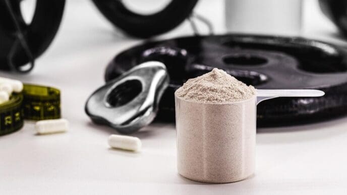 A measuring spoon scoops a white powder, possibly a supplement, next to a container, suggesting a bodybuilding or nutritional concept.