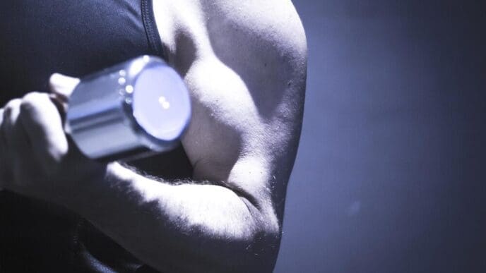 A muscular man holds a dumbbell overhead against a black background.