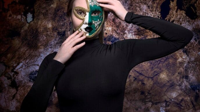 Midsection of a person wearing a half-mask stands against a wall.