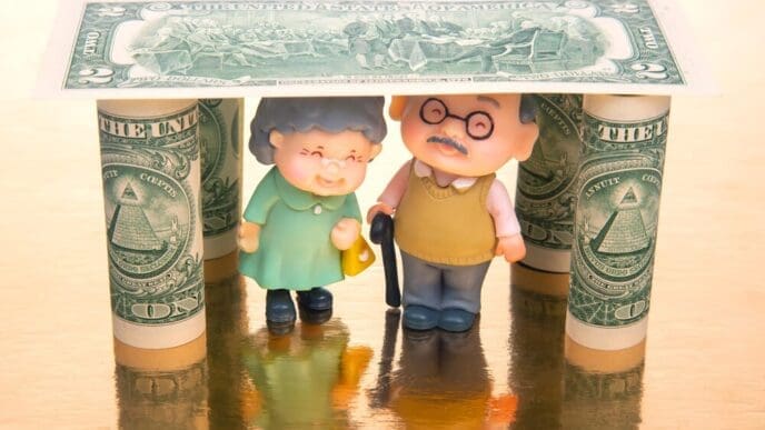 Miniature figures representing elderly people stand under a house-shaped structure labeled "dollars" to symbolize financial security and pension for the elderly.