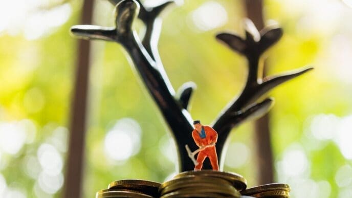 Miniature figures work on a stack of coins beneath a tree-like structure, symbolizing business concepts.