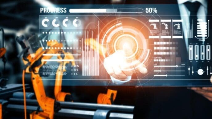 An advanced robotic arm system, likely used in a digital industry or factory setting, displays complex mechanical components and technology.