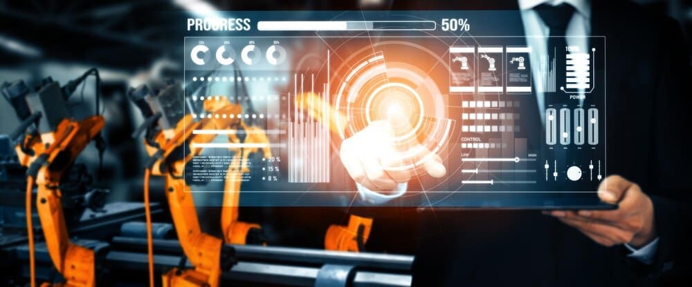 An advanced robotic arm system, likely used in a digital industry or factory setting, displays complex mechanical components and technology.