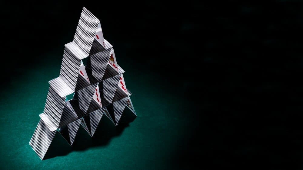 Close-up of a modern poker card arrangement, showing the suits and values.