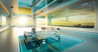 3D rendering of a modern, futuristic office interior with a scenic landscape view.