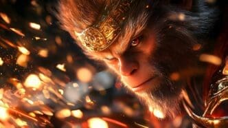 Close-up of the Monkey King with a golden crown and sparks.