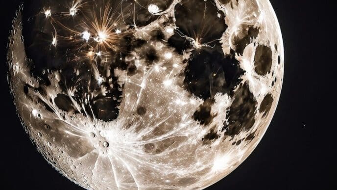 A full moon shines brightly in the night sky over a natural outdoor setting.