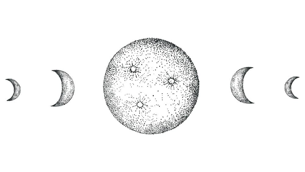 A digital illustration depicts a crescent moon with a phrase written across it on a transparent background.