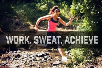 A young woman in athletic attire leaps over a stream with a motivational new year's message in the background.