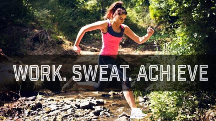 A young woman in athletic attire leaps over a stream with a motivational new year's message in the background.