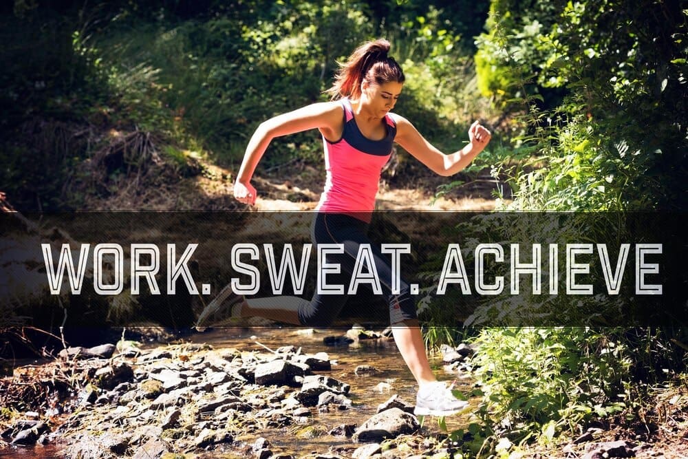 A young woman in athletic attire leaps over a stream with a motivational new year's message in the background.
