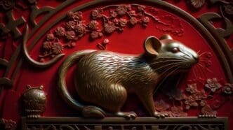 A small mouse sits on a solid red background.