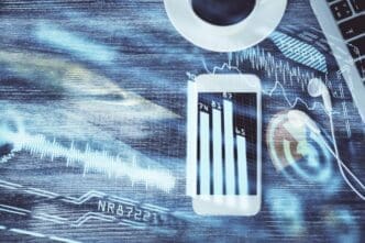 A top-down view shows a table with a phone and overlaid with a multi-exposure drawing of technology-related themes.