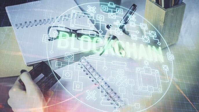 A woman holding a credit card is overlaid with a multi-exposure graphic featuring online shopping, blockchain, and e-commerce elements.