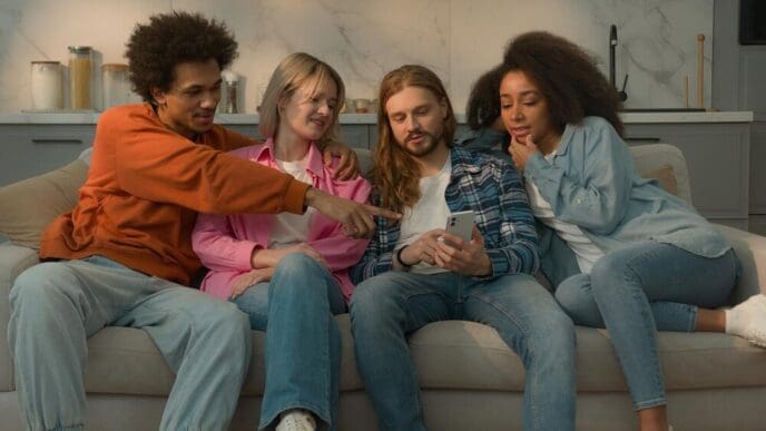 Diverse group of friends, including men and women of various ethnicities, smiling at the camera.