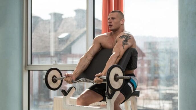 A muscular man curls a barbell to exercise his biceps.