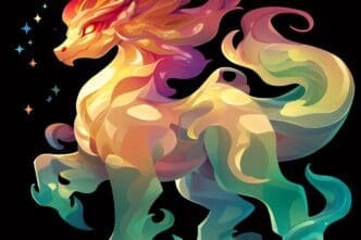 A majestic, fiery horse with a rainbow-colored mane and tail stands in a vibrant, otherworldly landscape.