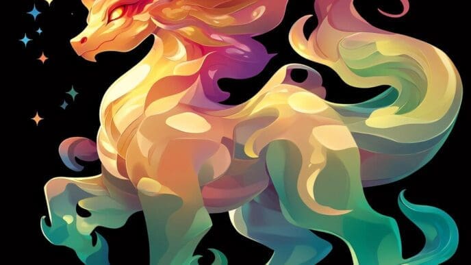 A majestic, fiery horse with a rainbow-colored mane and tail stands in a vibrant, otherworldly landscape.